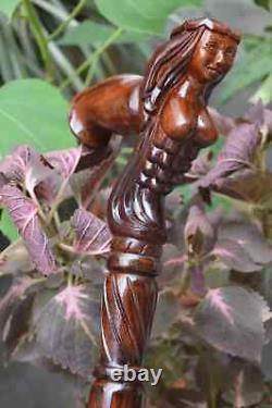 Canne de marche en bois sculpté à la main en forme de sirène avec poignée ergonomique