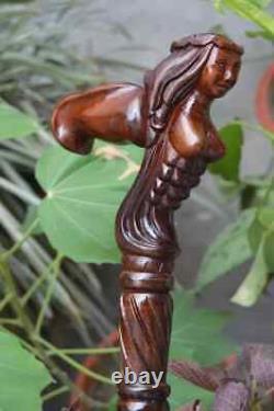 Canne de marche en bois sculpté à la main en forme de sirène avec poignée ergonomique