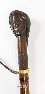 Canne de marche en bois sculpté ancien d'esclave du Sud ou de folklore africain Baule en or 14 carats