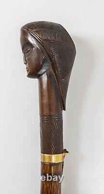 Canne de marche en bois sculpté ancien d'esclave du Sud ou de folklore africain Baule en or 14 carats