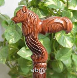 Canne de marche en bois sculptée de loup Canne en bois faite à la main confortable et artisanale