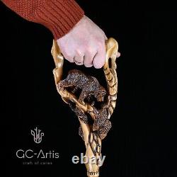 Canne de marche en bois sculptée originale avec ours grizzly et saumon GC-Artis