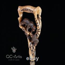 Canne de marche en bois sculptée originale avec ours grizzly et saumon GC-Artis