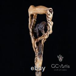 Canne de marche en bois sculptée originale avec ours grizzly et saumon GC-Artis