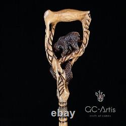 Canne de marche en bois sculptée originale avec ours grizzly et saumon GC-Artis