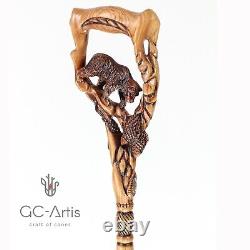 Canne de marche en bois sculptée originale avec ours grizzly et saumon GC-Artis