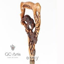 Canne de marche en bois sculptée originale avec ours grizzly et saumon GC-Artis