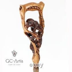 Canne de marche en bois sculptée originale avec ours grizzly et saumon GC-Artis