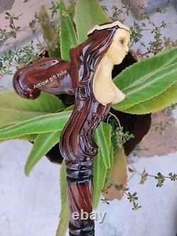 Canne de marche sculptée en bois de sirène pour homme et femme - Meilleur cadeau