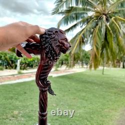 Canne en bois avec tête de lion, prise en palmier, poignée ergonomique, sculpture animale en bois