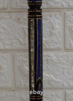 Canne en bois d'ébène incrustée de 36 lapis et nacre, fait main, 92 cm