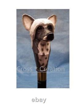 Chinese Crested Dog Head Poignée Sculptée En Bois Bâton De Marche Cane Nouveau Designer