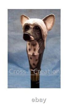 Chinese Crested Dog Head Poignée Sculptée En Bois Bâton De Marche Cane Nouveau Designer