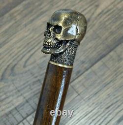 Crâne Canne Walking Cane Walking Stick Wooden Shaft Main Coulée Bronze Handle