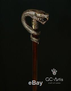 Dragon Serpent Canne Bronze Bâton Laiton Poignée De Collection De Manche En Bois