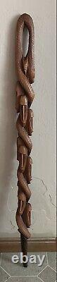 En Bois Sculpté Serpent Tribal Africain / Faces Bâton De Marche Cane Loop Poignée Folk Art