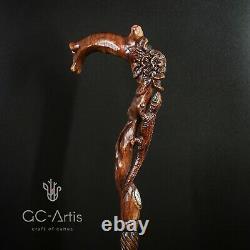Fleur De Lézard En Bois Canne À Main Bâton Fabriqué À La Main Sculpté Pour Les Femmes Dames D