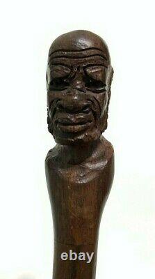 Homme Noir Main Sculptée En Bois Africain Homme Visage Bâton De Marche Canne 41.25 Long