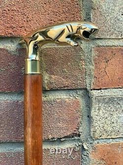 Jaguar Handle Walking Stick Cane Solid Brass Handle Wooden Brown Stick Foldable