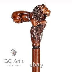 Lion King Wooden Walking Cane Stick Cadeau Pour Lui Ses Hommes Femmes Main Sculptée