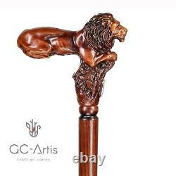 Lion King Wooden Walking Cane Stick Cadeau Pour Lui Ses Hommes Femmes Main Sculptée