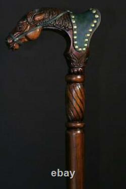 Main Art Wooden Cane Walking Stick Horse With Saddle Wood & Leather Work