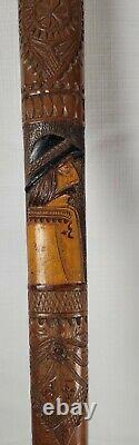 Main Sculptée En Bois Folk Art Détaillée Bâton De Marche Avec Eagle Et Poignée Tomahawk