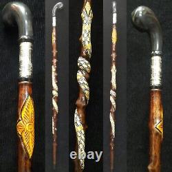 Poignée de baguette et canne en bois spéciale détaillée en argent, bâton de marche fait main