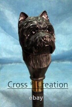 Poignée de canne de marche en bois avec tête de chien terrier sculptée - Cadeau Cairn DESIGN