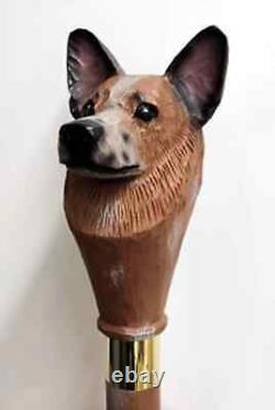 Poignée de canne de marche en bois sculptée à la main avec chien de race Australian Cattle dog pour la promenade du chien.