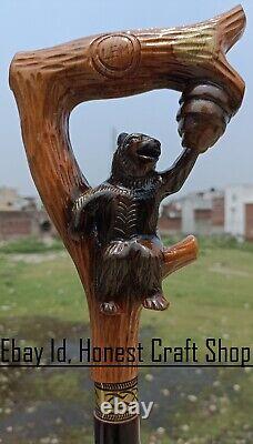 Poignée de canne de marche en bois sculptée à la main en forme de tête d'ours - Bâton de marche fait à la main - Ours A2