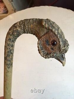 Poignée de canne-parapluie en bois sculpté antique vintage avec oiseau en relief