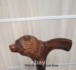 Poignée de tête d'ours, canne de marche sculptée à la main en bois, style fait main
