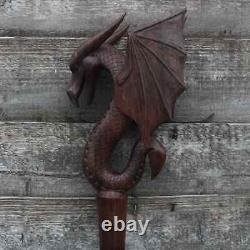 Poignée de tête de dragon Canne de marche Bâton de marche en bois sculpté à la main X Mass C