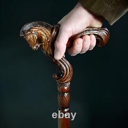 Poignée ergonomique en forme de paume pour bâton de marche en bois avec poignée en forme de cheval sculpté en bois