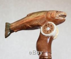 Sculpté Canne À Bâton De Marche Poisson Truite Arc-en Bois À La Main En Bois De Pêche Du Personnel