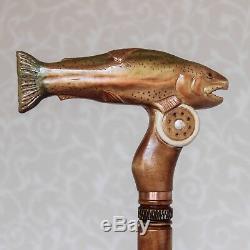 Sculpté Canne À Bâton De Marche Poisson Truite Arc-en Bois À La Main En Bois De Pêche Du Personnel