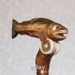 Sculpté Canne À Bâton De Marche Poisson Truite Arc-en Bois À La Main En Bois De Pêche Du Personnel