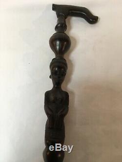 Sculpté En Bois Africain Marche 37 Noir Ébène Bâton / Canne Figural