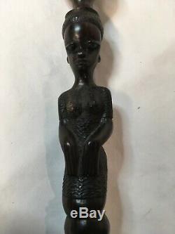 Sculpté En Bois Africain Marche 37 Noir Ébène Bâton / Canne Figural