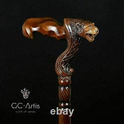 Tête Jaguar Bois Sculpté Bâton De Marche Canne En Bois Ergonomique Poignée De Palmier