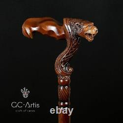 Tête Jaguar Bois Sculpté Bâton De Marche Canne En Bois Ergonomique Poignée De Palmier