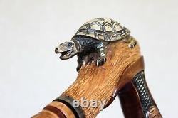 Turtle Canne En Bois Sculptée À La Main Bâton De Marche Avec Poignée D'artisanat