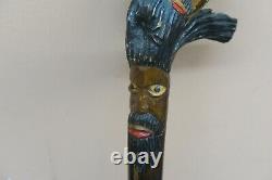 Vieille Canne Africaine En Bois Bâton De Marche Art Folklorique Main Sculptée Tête De L'homme