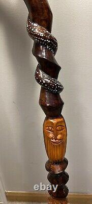 Vieille Canne Africaine En Bois Bâton De Marche Folk Art Sculpté Main Peint 38 Pouces