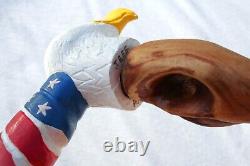 Vintage American Eagle Cane Folk Art Signé Bâton De Marche En Bois Peint Patriote