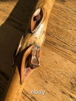 Vintage Hand Carved Head Bâton De Marche En Bois Canne Folk Art Primitive Vulva
