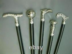 Vintage Wooden Walking Sticks Silver Knob Handle Walking Stick Set Of 5 Unit