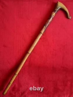 Walking Stick Cane Wooden Embossed Colored Dragon God Bird Bamboo