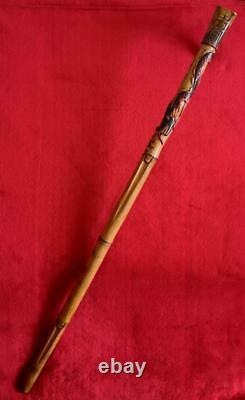 Walking Stick Cane Wooden Embossed Colored Dragon God Bird Bamboo